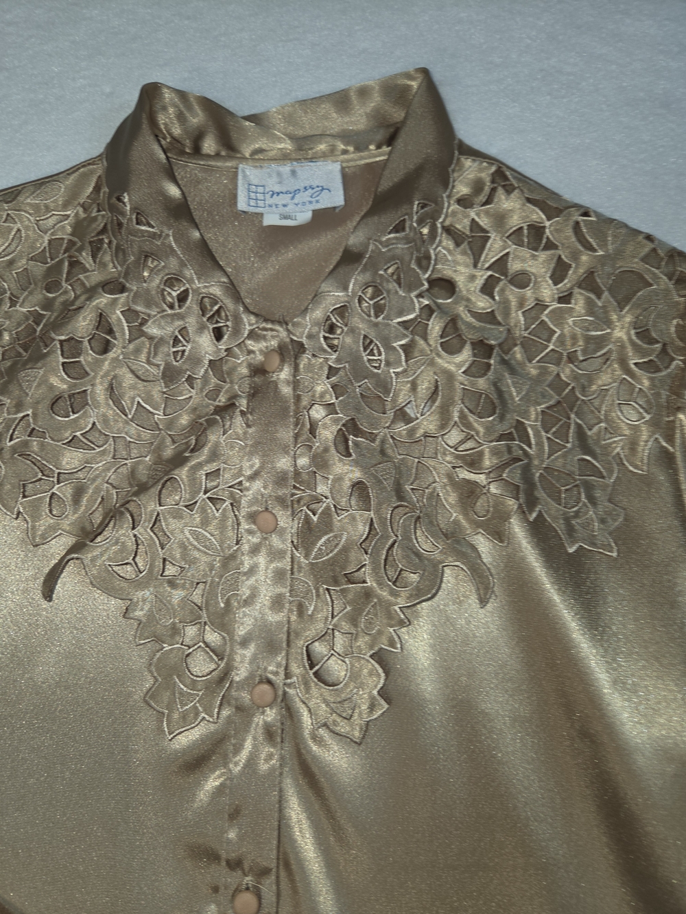 Vintage 80s 90s Marssy New York Gold Satin Lace Blouse -  Size S - Made In USA